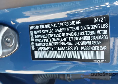 2021 Porsche Taycan 4S from USA, damaged, VIN WP0AB2Y11MSA45310